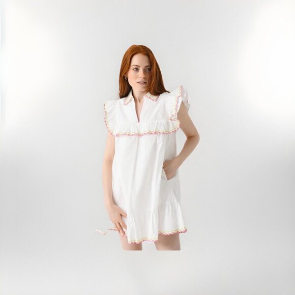 English Factory Floral Embroidered Collard Mini Dress White Size Medium - Picture 1 of 9